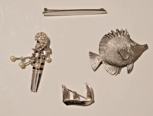 4 Pieces Vintage Silver Ton Brooch Pin Hair Pin Lot Fish Bluegill REN Sailboat - Picture 1 of 3