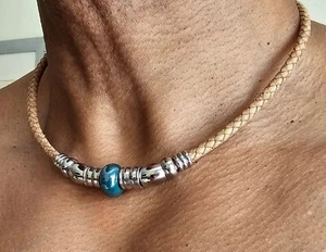 Mens Leather And Stainless Necklace,green Stone Pendant,magnetic Clasp, Handmade - Picture 1 of 10