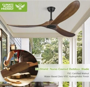 Ventilateur de plafond 52'' bois massif véritable sans lumière moteur DC 6 vitesses noyer foncé avec télécommande - Photo 1/6