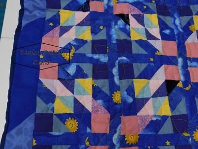 Edredón "Blue Star" hecho a mano, bebé, manta de regazo/viaje, azul, rosa, amarillo Foto 1 de 4