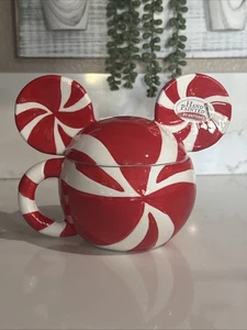Disney Mickey Mouse Peppermint Candy Cane Hand Painted Mug With Lid - Picture 1 of 4