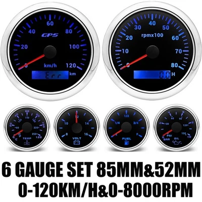 6 Gauge Set 85mm GPS Speedometer 120KM/H&Tacho 8000RPM&52mm Fuel/Temp/Oil/Volt - Image 1 of 4