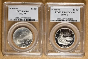 1993 Unc & Proof James Madison Commemorative Silver Half Dollar PCGS MS69 & PR69 - Picture 1 of 2