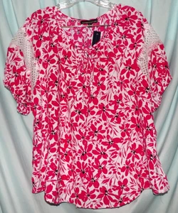 Adrienne Vittadini Pink Floral Keyhole Neck SS Blouse Women's Size XL NWT - Picture 1 of 5