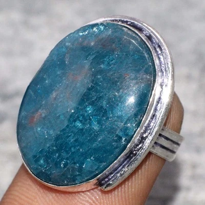 Anillo de joyería de apatita azul enchapado en plata 925 hecho a mano piedras preciosas talla US 6 MJ Foto 1 de 3