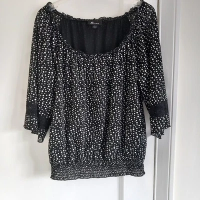 Women's Black And White Polka Dot Frilly Top Blouse Size Large - Image 1 of 4
