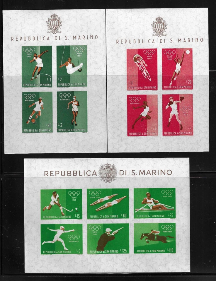 San Marino / XVII Juegos Olímpicos Roma 1960. Juego de tres sábanas de recuerdo. MNH Foto 1 de 1
