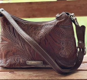 Vtg 80s American West Floral Tooled Leather Purse Shoulder Bag  Western boho - Picture 1 of 15