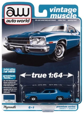 Auto World Vintage Muscle 1:64 1973 Plymouth Road Runner Basin Street Blu - Immagine 1 di 2