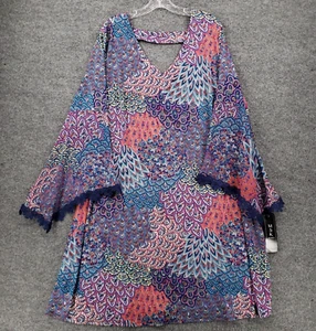 NEW MSK Dress Womens 3X Plus Blue Peacock Paisley Lace V-Neck Bell Sleeve Shift - Picture 1 of 13