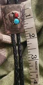 Bolo Krawatte indianische Navaho signiert Spencer Western Sterling/Türkisch/Koralle  - Bild 1 von 6