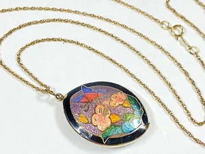 CLOISONNE Butterfly & Flower Pendant Necklace w/14K GF Chain - Picture 1 of 11