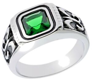 4 carat Emerald Simulated Fleur De Lis mens ring 316 Stainless Steel size 13 T28
