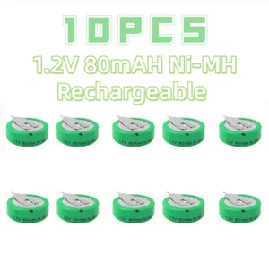 10PCS 1.2V Ni-MH Rechargeable 80mAH Battery With 2 Pins/Tabs For Meter Alarm New - Picture 1 of 4