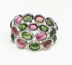 Multi-Tourmaline Gemstone Handmade 925 Sterling Silver Double Row Ring Size 7 - Picture 1 of 9