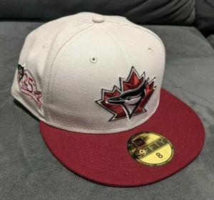 New Era Toronto Blue Jays 25th Anniversary Stone Burgundy Pink Brim Fitted Hat 8 - Picture 1 of 6
