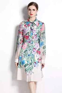 Chic Floral Designer Collared Long Sleeve Belted A-Line Office Party Shirt Dress - Picture 1 of 5