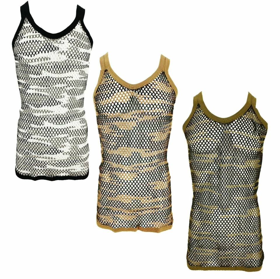Men’s Camo String Mesh Vest 100% Cotton Camouflage Fish Net Fitted String Vest  - Image 1 of 1