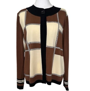 Cárdigan para mujer Ming Wang talla L bloque de color marrón marfil negro pedrería - Imagen 1 de 12