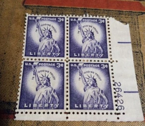 Rare US POSTAGE STAMP 3 Cent Liberty Block of 4 Unused Purple Lady Statue - Picture 1 of 2