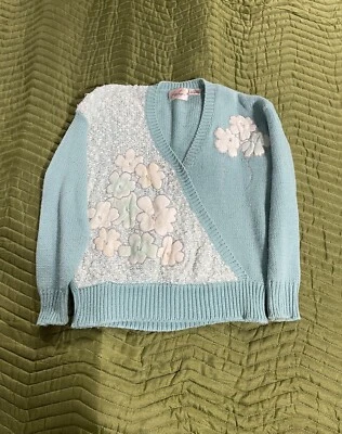 Vintage Jaclyn Smith Floral Knit Cardigan Sweater - Powder Blue - Size Large - Image 1 of 3