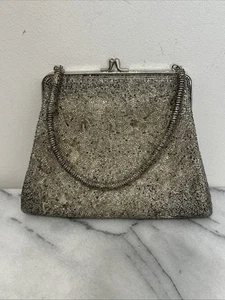 Vintage Silver Toned Micro Beaded Clutch Purse Evening Bag Hand Made KISS Close - Picture 1 of 12