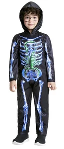 Costume scheletro bambini ragazzi spaventoso Halloween bagliore al buio dolcetto o scherzetto 8-10 anni - Foto 1 di 4
