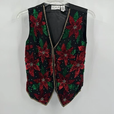 Scala Womens Silk Beaded Poinsettia Vest Size M Sequin Holiday Christmas Party - Image 1 of 4