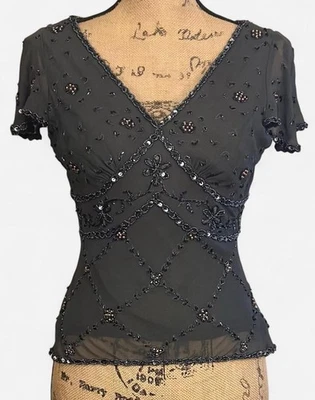 Y2k Vintage Silk Whimsigoth Gothic FairyCore Short sleeve sheer beaded XS - image 1 of 4