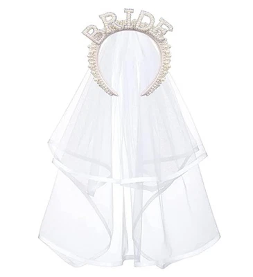 Tiara de noiva pérola com véu branco tiara casamento chuveiro Gi - Imagem 1 de 4