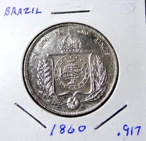 1860 BRAZIL 1000 REIS SILVER COIN PEDRO II World Brazilian Coin - Picture 1 of 3