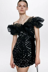 *** ZARA ** Women´s Contrast Sequinned Black Mini Dress BNWOT M Ref 2731/293/800 - Imagen 1 de 11