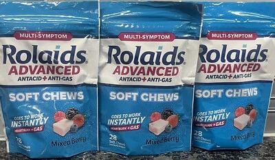 LOT OF 3- Rolaids Advanced 28 Mixed Berry Soft Chews Heartburn + Gas Relief - Image 1 of 3
