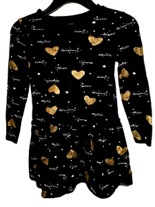 Abito BDBGirls ~ S 4/5 ~ nero con cuori oro metallizzato ~ manica lunga ~ cotone  - Foto 1 di 5
