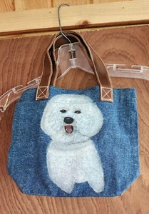 Handpainted Bichon frise white dogq blue denim small tote bag purse 10.5" x 8.5" - Picture 1 of 2