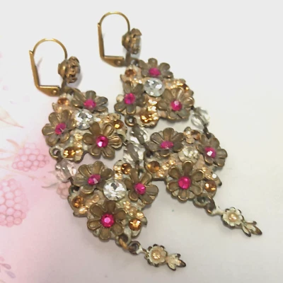 Michal Negrin Earrings Statement Chunky Hot Pink Crystals Long Statement Flowers - Image 1 of 4