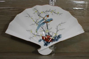 Jay Fine China Japan Asian Fan White w/ Birds Poppy Flowers Gold Rim 6”x 9.5” - Picture 1 of 7
