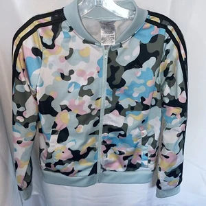Adidas Girl's Blue Camouflage Lightweight Zip Up Jacket Size L 14 Long Sleeve - Picture 1 of 10