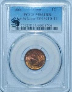 1864 PCGS MS64RB Red Brown FS-1401 S-11 Lathe Lines Indian Cent Eagle Eye Seal - Picture 1 of 3