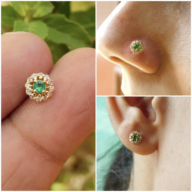 0.06 Ct Round Cut Natural Emerald Diamond Nose Stud Piercing Pin 14K Yellow Gold - Image 1 of 4