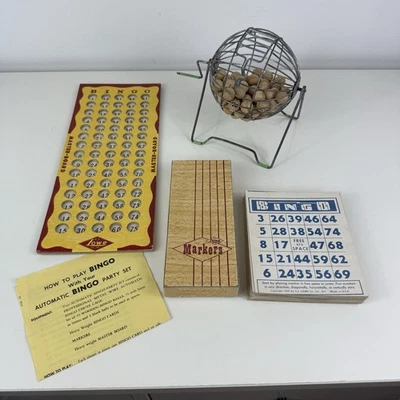 Vintage Lowes Bingo Tumbler Chute Cage Wooden Balls Master Board Markers Sheets - Image 1 of 4