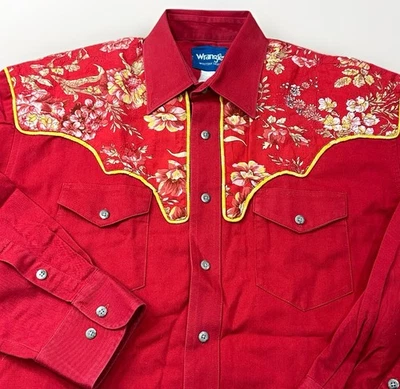 Camisa de Rodeo Occidental Vintage Wrangler Algodón Pesado Hombres XL Roja Bordada Floral Foto 1 de 4