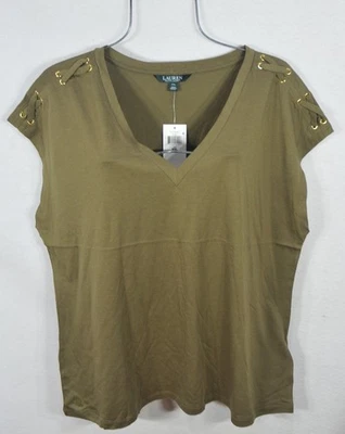 Lauren Ralph Lauren Women's Blouse XXL Olive Green V-neck Cap Sleeve Top NWT - Image 1 of 4