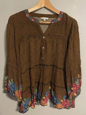 Camisa John Mark Mujer Grande Marrón Geométrica Floral Boho Campesina Túnica Top Foto 1 de 4