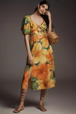 New Farm Rio x Anthropologie Linen Blend Short-Sleeve Cutout Printed Midi M NWT - Image 1 of 4