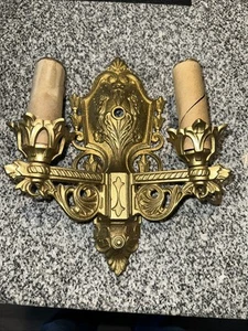 Vintage Art Deco Two Lamp Wall Sconce Gold Cast Iron 1920's - Picture 1 of 2