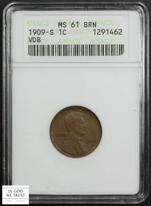 1909 S VDB Lincoln Wheat Copper Cent 1C Old Soap Box Holder ANACS MS 61 BN - Picture 1 of 5