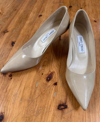 Jimmy Choo London Nude Aza Patent Leather Pointy Toe Kitten Heel Shoes size 38 - Image 1 of 4
