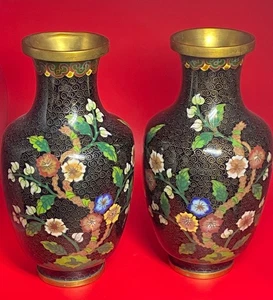 2 Cloisonne Vases w/ Brass Rim and Base, 7.75" Tall - Picture 1 of 4