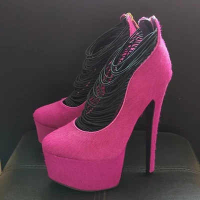 London Trash Ceres Platform Pony Hair Hot Pink Leather Pumps Sexy Heels NWT - Image 1 of 4